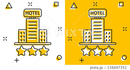 Hotel 3 stars sign icon in comic style. Inn building cartoon vector illustration on white isolated background. Hostel room splash effect business concept. Hotel 3 stars sign icon in comic style. Inn building cartoon vector illustration on white isolated background. Hostel room splash effect business concept. 138897352