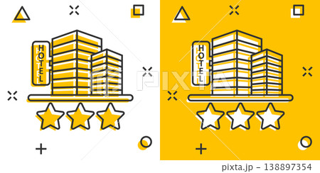 Hotel 3 stars sign icon in comic style. Inn building cartoon vector illustration on white isolated background. Hostel room splash effect business concept. Hotel 3 stars sign icon in comic style. Inn building cartoon vector illustration on white isolated background. Hostel room splash effect business concept. 138897354