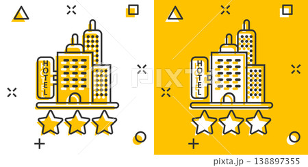 Hotel 3 stars sign icon in comic style. Inn building cartoon vector illustration on white isolated background. Hostel room splash effect business concept. 138897355