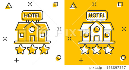 Hotel 3 stars sign icon in comic style. Inn building cartoon vector illustration on white isolated background. Hostel room splash effect business concept. Hotel 3 stars sign icon in comic style. Inn building cartoon vector illustration on white isolated background. Hostel room splash effect business concept. 138897357
