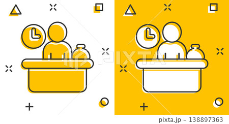 Check in reception icon in comic style. Booking service cartoon vector illustration on white isolated background. Hotel reservation splash effect business concept. 138897363