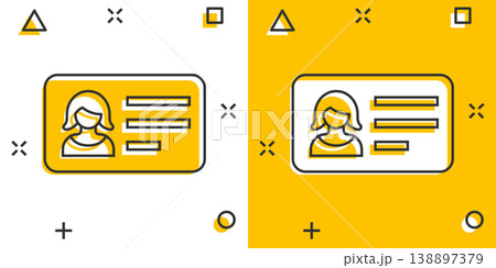 Women id card icon in comic style. Identity tag cartoon vector illustration on white isolated background. Driver licence splash effect business concept. Women id card icon in comic style. Identity tag cartoon vector illustration on white isolated background. Driver licence splash effect business concept. 138897379