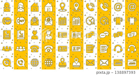 Contact icon set in comic style. Phone communication cartoon vector illustration on white isolated background. Website equipment splash effect business concept. 138897393