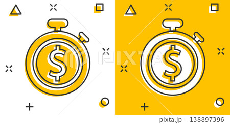 Time is money icon in comic style. Clock with dollar cartoon vector illustration on white isolated background. Currency splash effect business concept. Time is money icon in comic style. Clock with dollar cartoon vector illustration on white isolated background. Currency splash effect business concept. 138897396