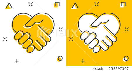 Handshake icon in comic style. Partnership deal cartoon vector illustration on white isolated background. Agreement splash effect business concept. Handshake icon in comic style. Partnership deal cartoon vector illustration on white isolated background. Agreement splash effect business concept. 138897397