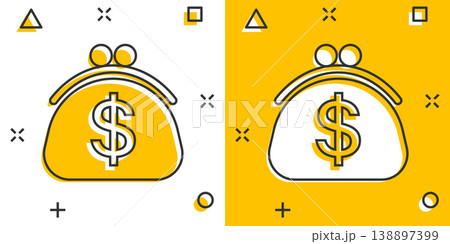 Wallet icon in comic style. Purse cartoon vector illustration on white isolated background. Finance bag splash effect business concept. Wallet icon in comic style. Purse cartoon vector illustration on white isolated background. Finance bag splash effect business concept. 138897399