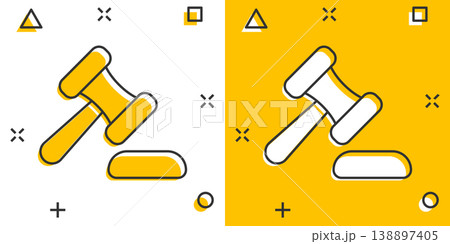 Auction hammer icon in comic style. Court sign cartoon vector illustration on white isolated background. Tribunal splash effect business concept. Auction hammer icon in comic style. Court sign cartoon vector illustration on white isolated background. Tribunal splash effect business concept. 138897405