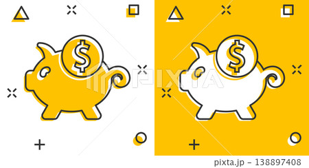 Money box icon in comic style. Pig container cartoon vector illustration on white isolated background. Piggy bank splash effect business concept. Money box icon in comic style. Pig container cartoon vector illustration on white isolated background. Piggy bank splash effect business concept. 138897408
