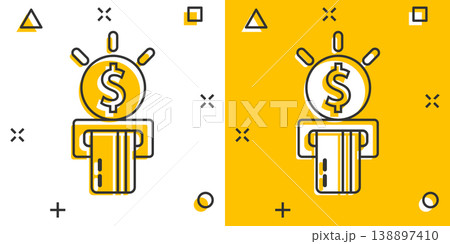 Money ATM icon in comic style. Exchange cash cartoon vector illustration on white isolated background. Banknote bill splash effect business concept. 138897410
