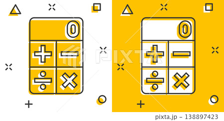Calculator icon in comic style. Calculate cartoon vector illustration on white isolated background. Calculation splash effect business concept. 138897423