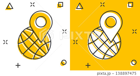 Global navigation icon in comic style. Globe pin gps cartoon vector illustration on white isolated background. Planet direction splash effect business concept. 138897475