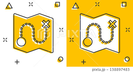 Map pin icon in comic style. GPS navigation cartoon vector illustration on white isolated background. Locate position splash effect business concept. 138897483