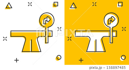 Crossroad icon in comic style. Road direction navigation cartoon vector illustration on white isolated background. Locate pin position splash effect business concept. 138897485