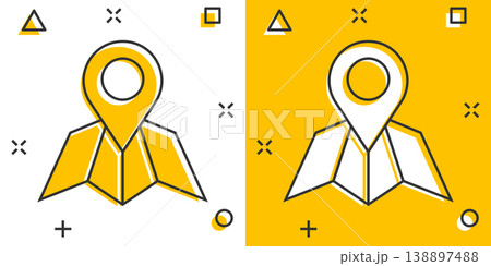 Map pin icon in comic style. GPS navigation cartoon vector illustration on white isolated background. Locate position splash effect business concept. 138897488
