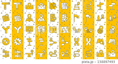 Navigation icon set in comic style. Gps direction cartoon vector illustration on white isolated background. Locate pin position splash effect business concept. 138897493