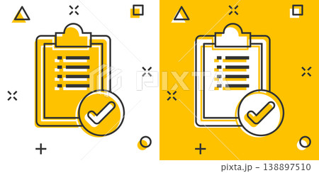 To do list icon in comic style. Document checklist cartoon vector illustration on white isolated background. Notepad check mark splash effect business concept. 138897510