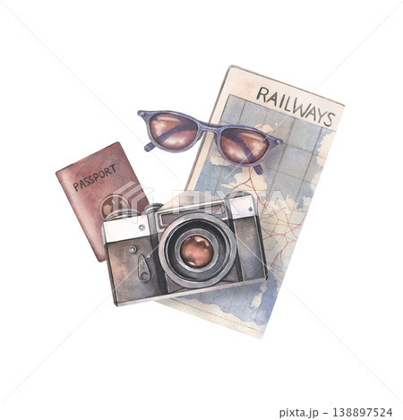 Hand-painted watercolor composition with railway map, passport, sunglasses, camera isolated on white background. Perfect for travel branding, tourism blogs, packaging, posters, adventure design 138897524
