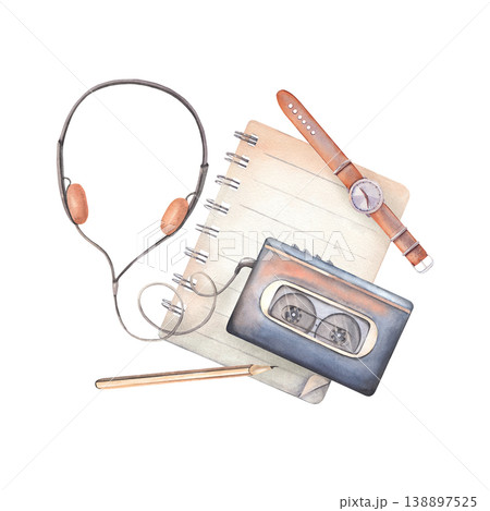Hand-painted watercolor composition with lined notebook, pencil, cassette player, headphones, watch isolated on white. Perfect for retro travel, entertainment themes, blogs, branding, packaging 138897525