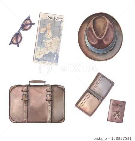 Hand-painted watercolor retro train travel set with suitcase, hat, railway map, passport, wallet, sunglasses isolated on white. Ideal for rail tourism branding, blogs, packaging, posters, design 138897531