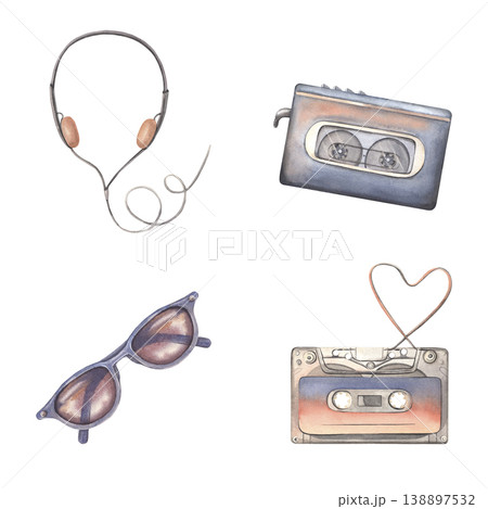 Hand-painted watercolor set with cassette player, headphones, cassette, sunglasses on white background. Retro music vibe perfect for branding, packaging, posters, blogs, designs for music lovers 138897532