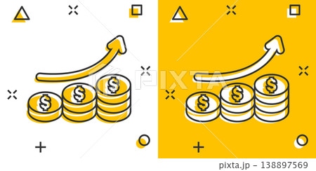 Income rate increase icon in comic style. Finance performance cartoon vector illustration on white isolated background. Coin with growth arrow splash effect business concept. 138897569