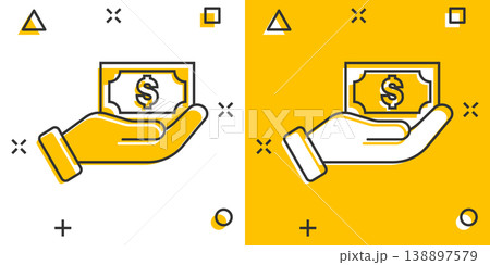 Remuneration icon in comic style. Money in hand cartoon vector illustration on white isolated background. Banknote payroll splash effect business concept. 138897579