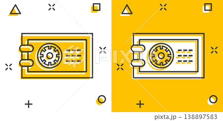 Safe money icon in comic style. Strongbox cartoon vector illustration on white isolated background. Finance security splash effect business concept. 138897583