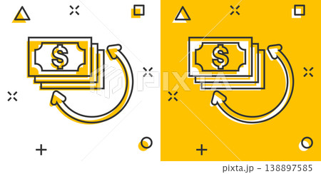 Income rate increase icon in comic style. Finance performance cartoon vector illustration on white isolated background. Coin with growth arrow splash effect business concept. 138897585