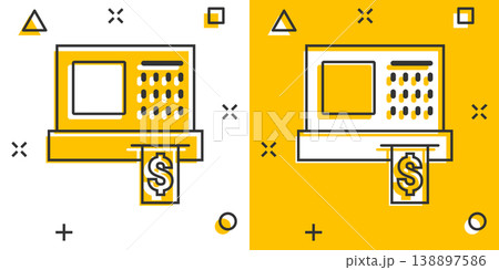 Cash register icon in comic style. Check machine cartoon vector illustration on white isolated background. Payment splash effect business concept. 138897586