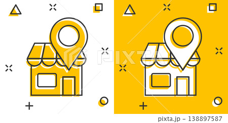 Home pin icon in comic style. House navigation cartoon vector illustration on white isolated background. Locate position splash effect business concept. 138897587