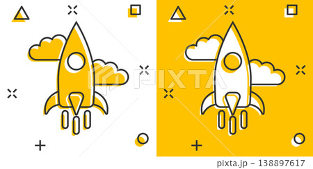 Rocket icon in comic style. Spaceship launch cartoon vector illustration on white isolated background. Sputnik splash effect business concept. 138897617