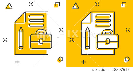 Document note with pen icon in comic style. Paper sheet pencil and briefcase cartoon vector illustration on white background. Notepad document splash effect business concept. 138897618