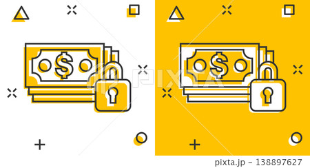 Dollar banknote with lock icon in comic style. Dollar cash safe cartoon vector illustration on white isolated background. Banknote bill security splash effect business concept. 138897627