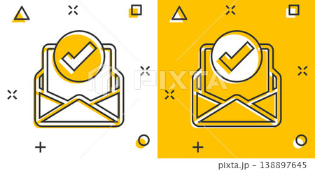 Envelope with confirmed document icon in comic style. Verify cartoon vector illustration on white isolated background. Receive splash effect business concept. 138897645