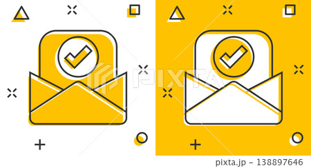 Envelope with confirmed document icon in comic style. Verify cartoon vector illustration on white isolated background. Receive splash effect business concept. Envelope with confirmed document icon in comic style. Verify cartoon vector illustration on white isolated background. Receive splash effect business concept. 138897646