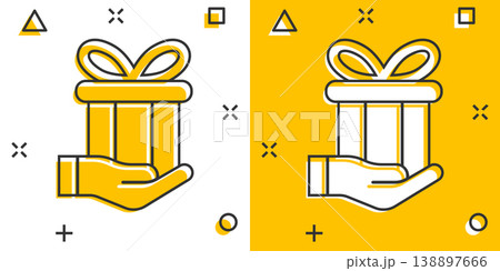 Gift box icon in comic style. Present on hand cartoon vector illustration on white isolated background. Surprise splash effect business concept. Gift box icon in comic style. Present on hand cartoon vector illustration on white isolated background. Surprise splash effect business concept. 138897666