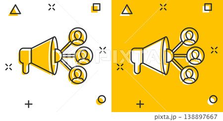 Social media icon in comic style. Marketing cartoon vector illustration on white isolated background. Megaphone with people splash effect business concept. Social media icon in comic style. Marketing cartoon vector illustration on white isolated background. Megaphone with people splash effect business concept. 138897667