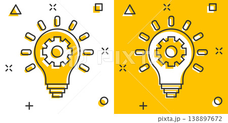 Innovation icon in comic style. Lightbulb with cogwheel cartoon vector illustration on white isolated background. Idea splash effect business concept. Innovation icon in comic style. Lightbulb with cogwheel cartoon vector illustration on white isolated background. Idea splash effect business concept. 138897672