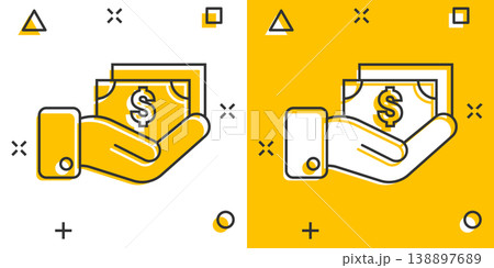 Remuneration icon in comic style. Money in hand cartoon vector illustration on white isolated background. Banknote payroll splash effect business concept. 138897689