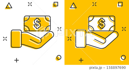 Remuneration icon in comic style. Money in hand cartoon vector illustration on white isolated background. Banknote payroll splash effect business concept. 138897690