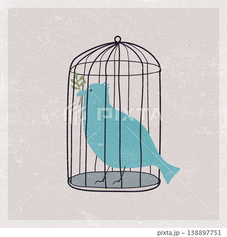 Peace dove with olive branch in the cage habd drawn childish style painted on old paper grain texture background square template 138897751