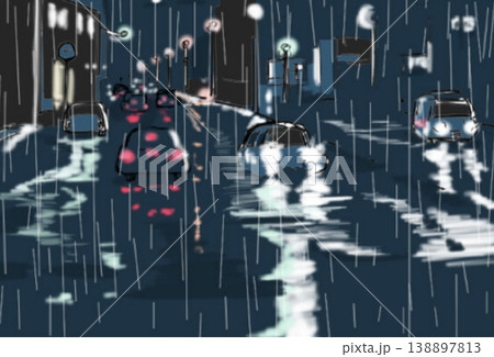 雨降る夜の道路に行き交う車 138897813