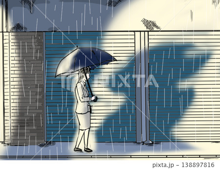 雨の夜に車のヘッドライトに照らされる女性 138897816