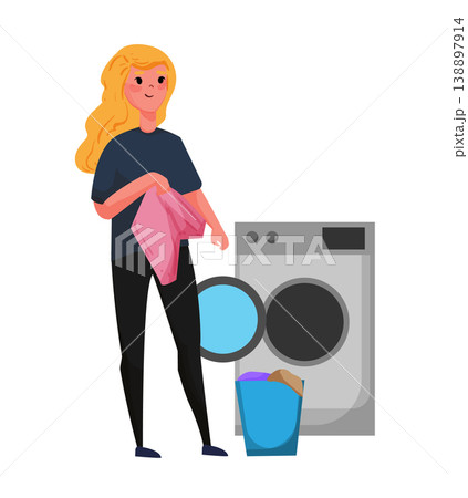 Cartoon vector illustration of a woman taking clothes from a washing machine. Flat style laundry and home care concept isolated on white background. 138897914