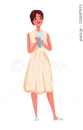 Cartoon vector illustration of a woman drying a plate with a towel. Flat style kitchen and cleaning concept isolated on white background. Cartoon vector illustration of a woman drying a plate with a towel. Flat style kitchen and cleaning concept isolated on white background. 138897915