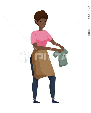 Cartoon vector illustration of a woman holding clothes for drying. Flat style laundry and home care concept isolated on white background. 138897921