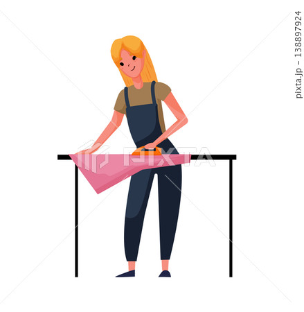 Cartoon vector illustration of a woman ironing fabric with an iron on a table. Flat style laundry and household concept isolated on white background. 138897924