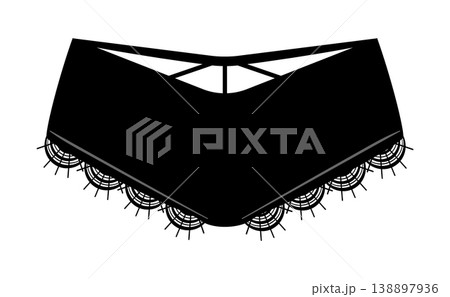 Black silhouette of women panties with decorative lace trim and back cutout detail. Vector illustration of female underwear isolated on white background. 138897936