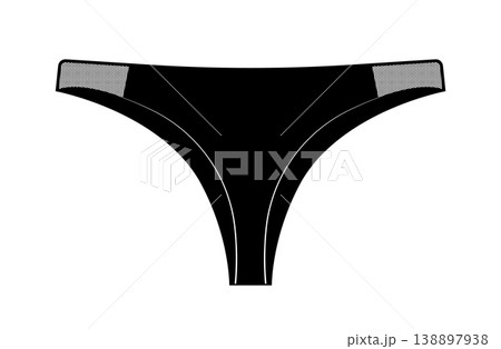Black silhouette of women thong panties with mesh side panels. Vector illustration of female lingerie isolated on white background. 138897938