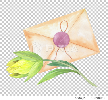 The envelope and lily. Handmade watercolor illustration. For packaging design, cards, cover, prints, product labels and fabric. The envelope and lily. Handmade watercolor illustration. For packaging design, cards, cover, prints, product labels and fabric. 138898055